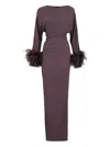 Lapointe Feather-trim Long-sleeve Maxi Dress In Brown