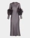 Lapointe Feather-trim Long-sleeve Satin Bias Midi Dress In Purple