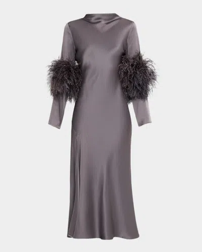 Lapointe Feather-trim Long-sleeve Satin Bias Midi Dress In Brown