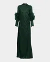 Lapointe Feather-trim Long-sleeve Satin Maxi Dress In Green
