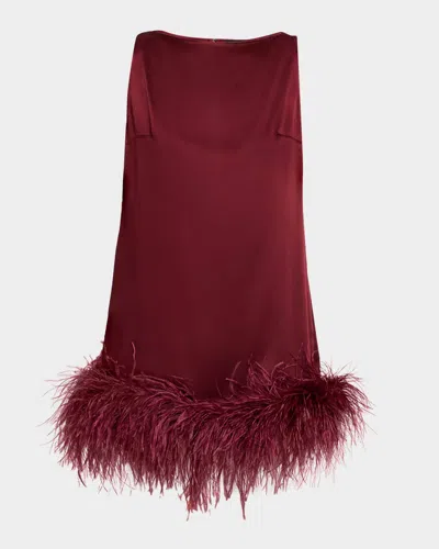 Lapointe Feather-trim Satin Sleeveless Mini Dress In Red