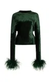 Lapointe Feather-trimmed Dolman-sleeve Velvet Top In Forest