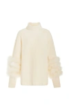 LAPOINTE FEATHER-TRIMMED KNIT SILK-CASHMERE TURTLENECK SWEATER