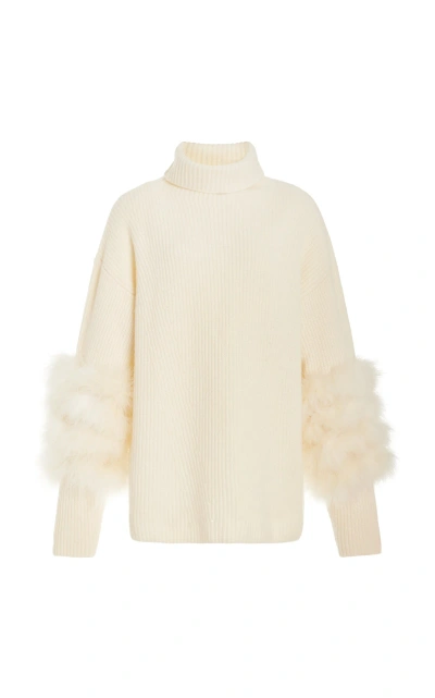 Lapointe Feather-trimmed Knit Silk-cashmere Turtleneck Sweater In Ivory