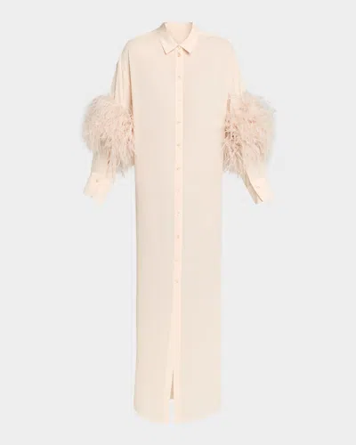 Lapointe Feather-trim Long-sleeve Georgette Maxi Shirtdress In Neutral