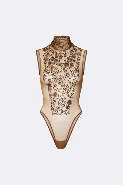 Lapointe Flower Crystal Embroidery Sleeveless Mock Neck Bodysuit In Bronze