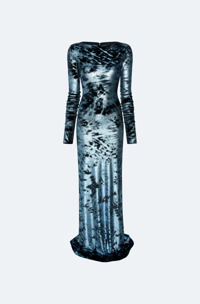 Lapointe Foil Velour Boatneck Gown In Blue