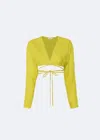 Lapointe Fringe Long Sleeve Tie Top In Chartreuse