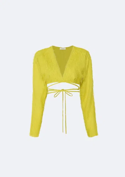 Lapointe Fringe Long Sleeve Tie Top In Chartreuse