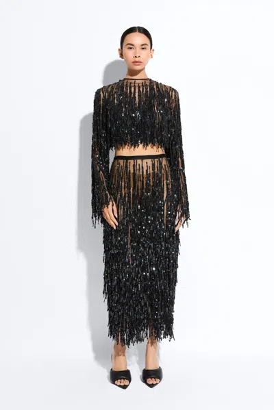Lapointe Fringe Sequin Cropped Top In Black