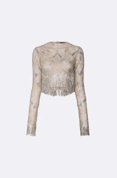 Lapointe Geometric Crystal Fringe Cropped Top In Silver