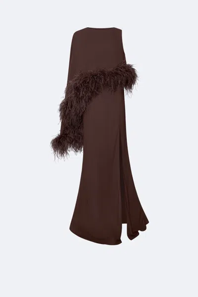 Lapointe Georgette Asymmetric Draped Gown With Feathers In Chocolate