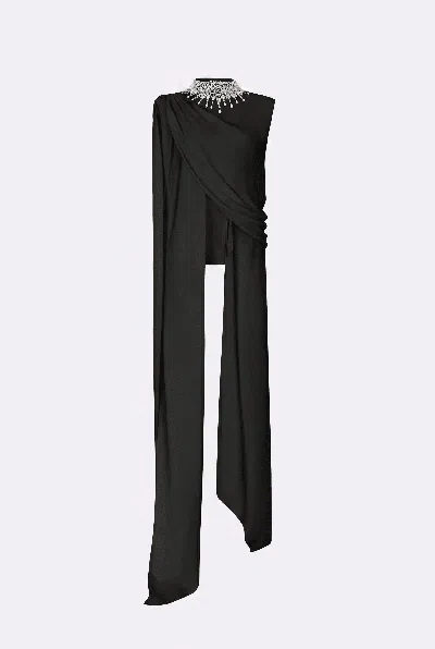 Lapointe Georgette Draped Scarf Top With Embroidery In Black