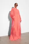 Lapointe Lightweight Georgette Long Button Down With Feathers In Hot Pink