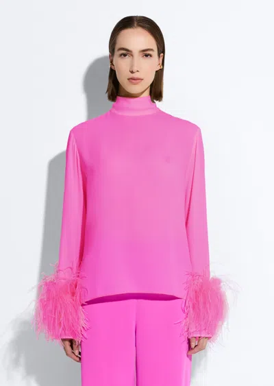 Lapointe Georgette Top With Feathers In Fuchsia