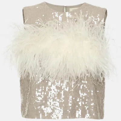 Pre-owned Lapointe Grey/white Sequin And Ostrich Feather Sleeveless Crop Top S In Gray