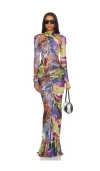 Lapointe Printed Mesh Halter Ruched Gown In Purple