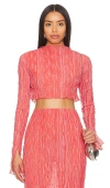 Lapointe Pleated Georgette Long Sleeve High Neck Top In Hot Coral & Lotus