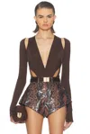 Lapointe Jersey Cut Out V Neck Bodysuit In Brown