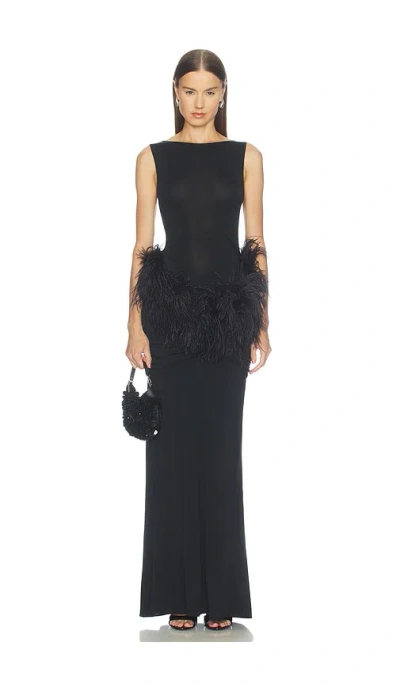 Lapointe Jersey Long Sleeve Shirred Hip Gown With Feathers In Black