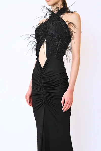 Lapointe Jersey Sleeveless Halter Ruched Gown With Feathers In Black