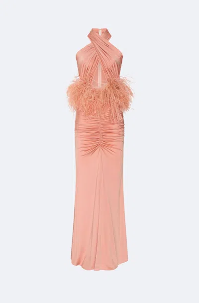Lapointe Jersey Sleeveless Halter Ruched Gown With Feathers In Dune