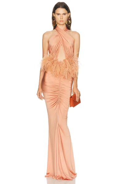 Lapointe Jersey Sleeveless Halter Ruched Gown With Feathers In Orange