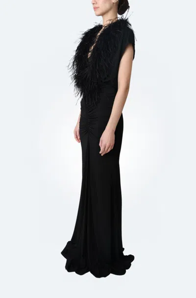 Lapointe Jersey V Neck Shirred Gown With Feathers In Black