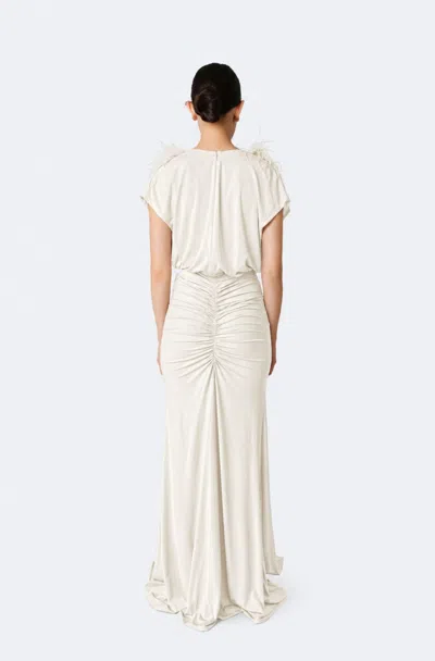 Lapointe Jersey V Neck Shirred Gown With Feathers In Cream