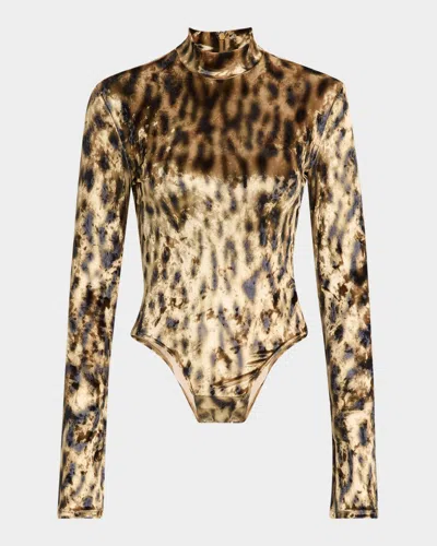 Lapointe Leopard-print Velvet Mock-neck Bodysuit