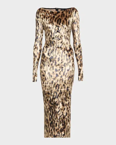 Lapointe Leopard-print Velvet Boat-neck Long-sleeve Maxi Dress In Animal Print