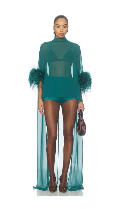Lapointe Lightweight Georgette High Low Mock Neck Top With Feathers In Blue