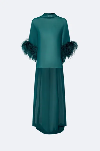 Lapointe Lightweight Georgette High Low Top With Feathers In Emerald