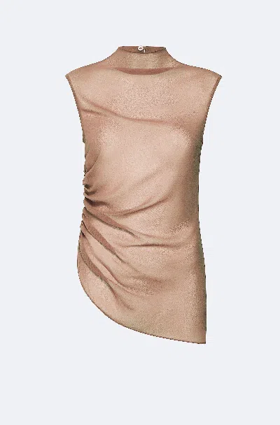 Lapointe Lightweight Georgette Mock Neck Ruched Top In Brown
