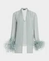 Lapointe Lightweight Georgette Scarf Top With Feathers In Jade