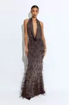 Lapointe Lightweight Jersey Deep Cowl Neck Gown With Feathers