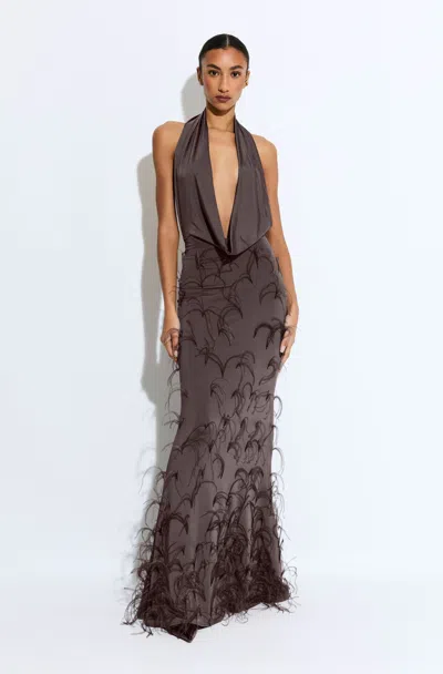Lapointe Lightweight Jersey Deep Cowl Neck Gown With Feathers