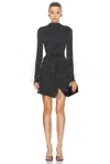 Lapointe Lightweight Jersey Long Sleeve Draped Ostrich Mini Dress In Cacao