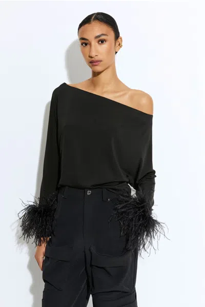 Lapointe Lightweight Jersey Off The Shoulder Top With Feathers In Black