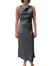 Lapointe Lightweight Satin Belted Dress In Gray Blue In Black