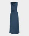 Lapointe Lightweight Satin Belted Dress In Marine