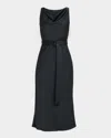 Lapointe Lightweight Satin Belted Midi Dress In Black
