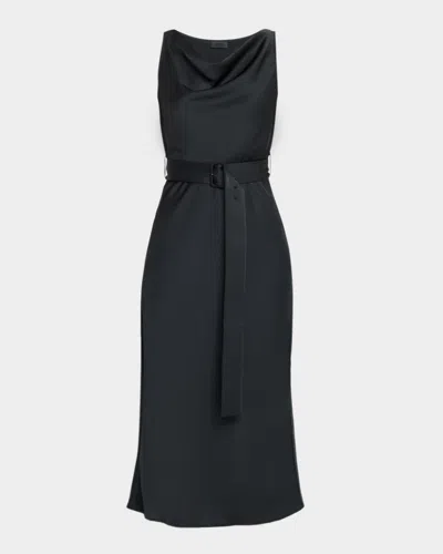 Lapointe Lightweight Satin Belted Midi Dress In Black