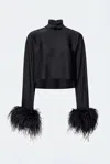 Lapointe Lightweight Satin Caftan Top With Feathers In Black