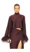 Lapointe Lightweight Satin Caftan Top With Feathers In Brown