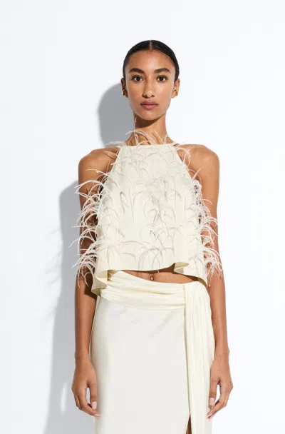 Lapointe Lightweight Satin Halter Cami With Feathers In Cream