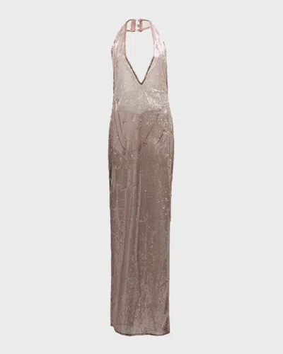 Lapointe Long Sheer Sequined Halter Column Dress In Beige