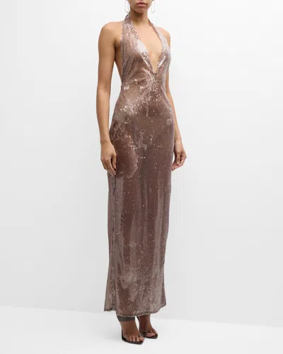 Lapointe Long Sheer Sequined Halter Column Dress In Gold
