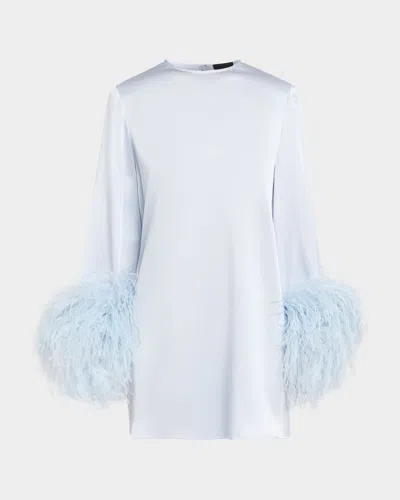 Lapointe Long-sleeve Feather-trim Satin Mini Shift Dress In Blue