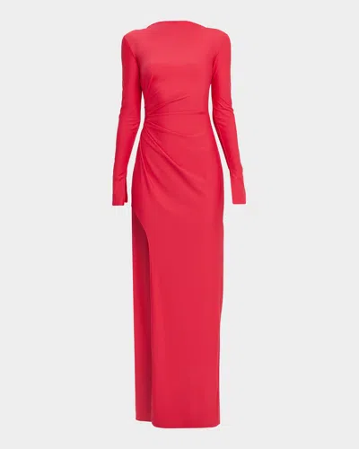 Lapointe Matte Jersey Long-sleeve Ruched Gown In Red